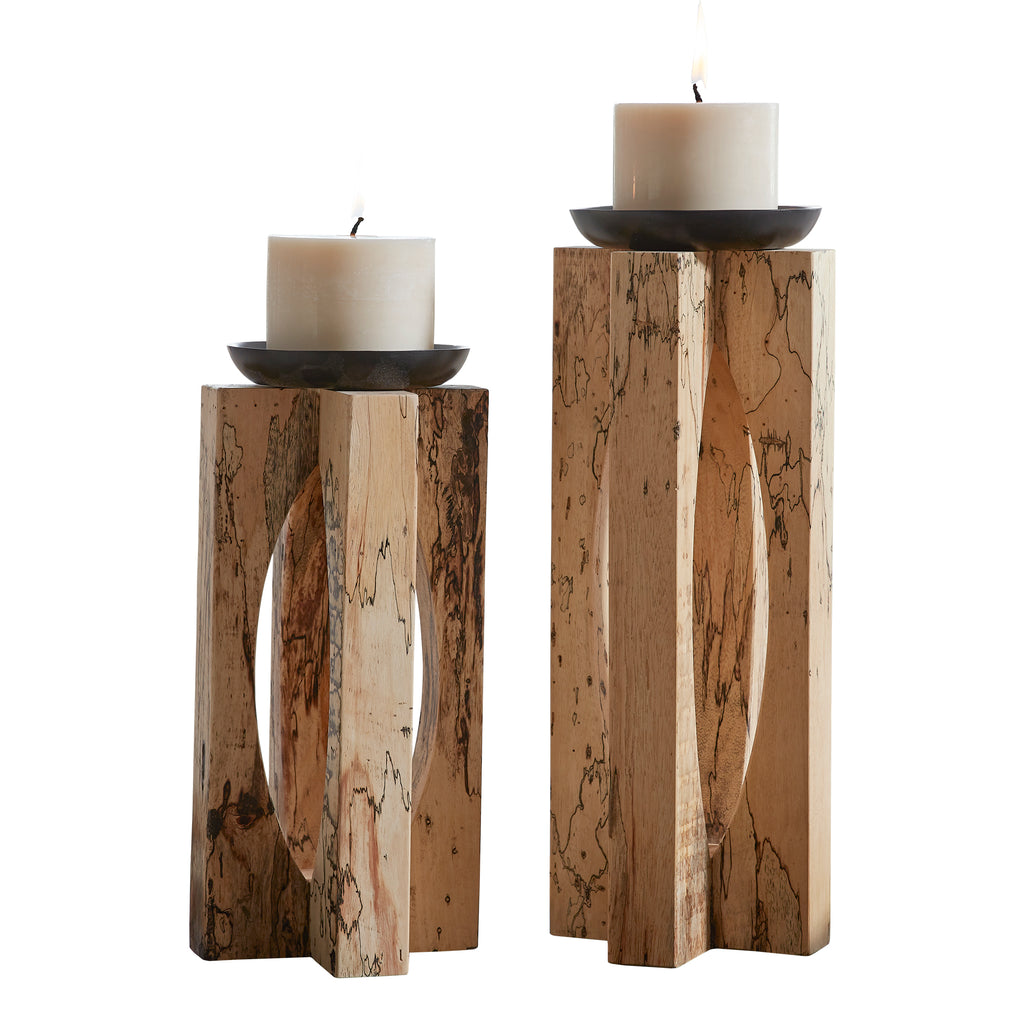 These Sculptural Candleholders Are Made From Tamarind Wood In Its Natural Finish And Wood Grain Patterns, Accented By Satin Black Candle Cups. White Candles Included.