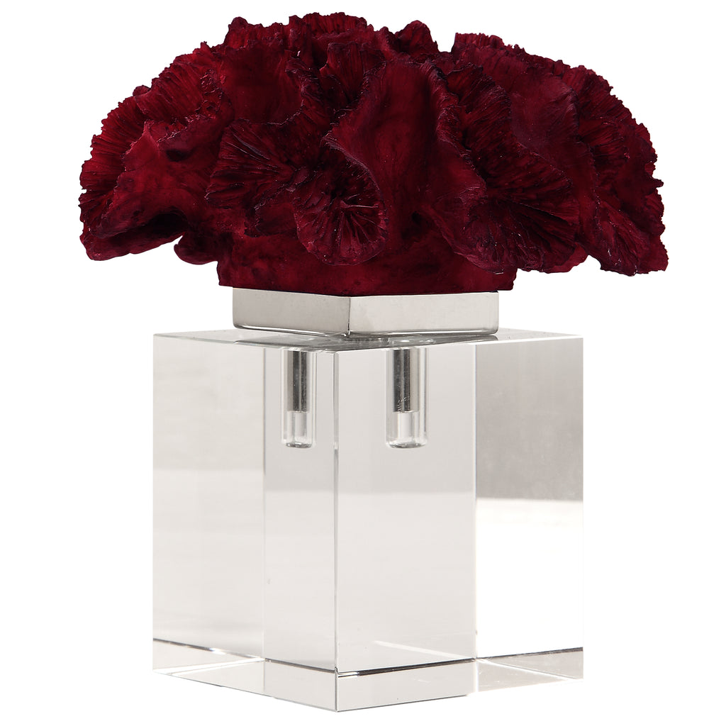 Red Coral Cluster Decor | Traditional Florals | Crystal Cube Base