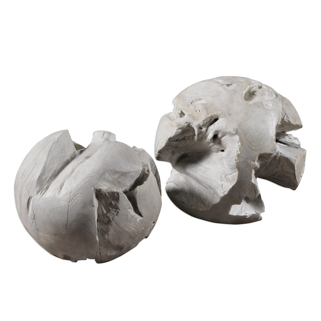This Set Of Decorative Teak Balls, Will Bring A Rustic And Warm Atmosphere To Any Bare Corner, Balcony Or Terrace. Beautifully Handcrafted And Finished With A Pale Gray Glaze.
