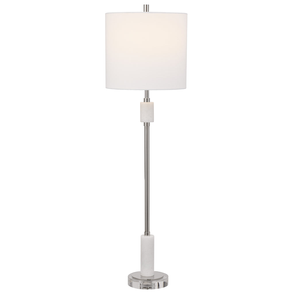 Transitional Buffet Lamp | Polished Nickel Finish | White Marble Details | Crystal Base