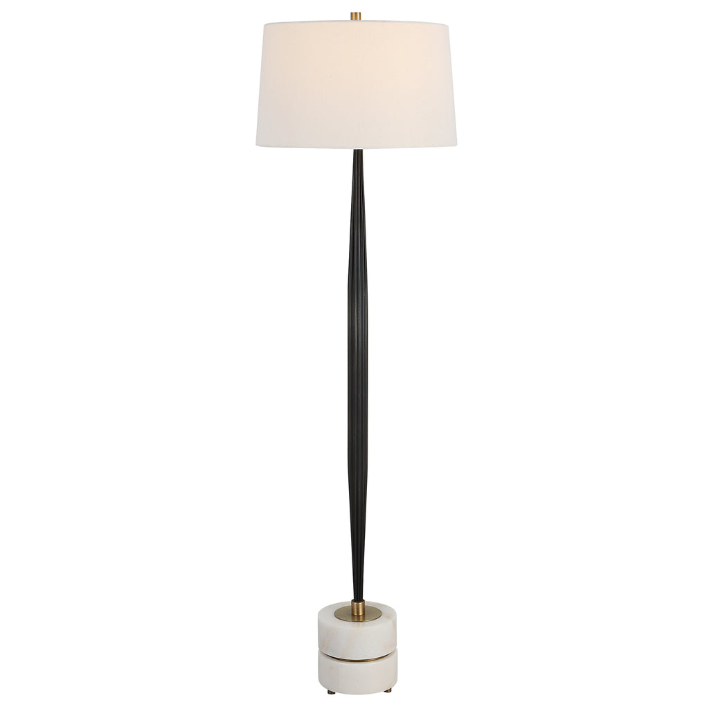 Sophisticated Iron Floor Lamp White Marble Base Brass Accents Opulent Lightin