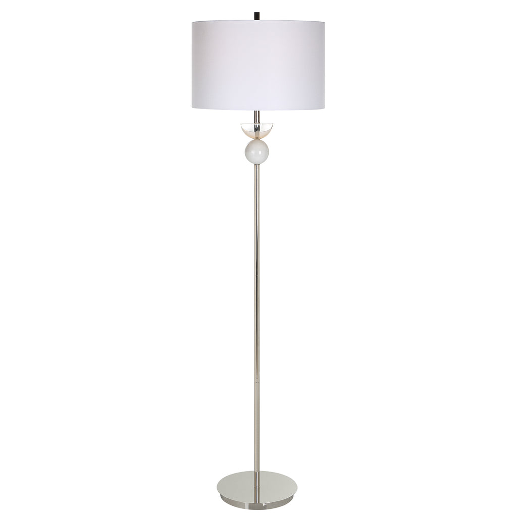 Sleek Polished Nickel Floor Lamp with White Marble and Crystal Accents
