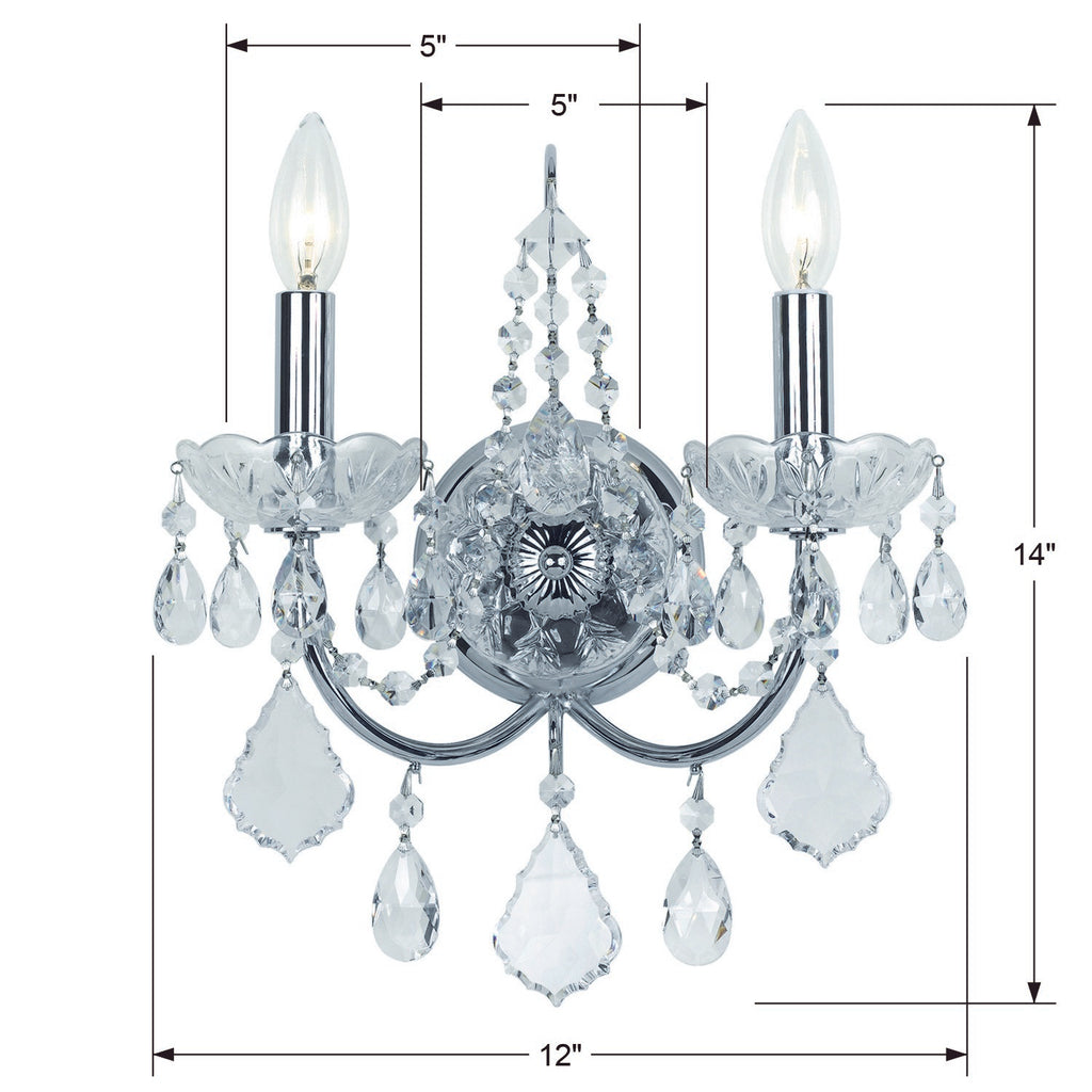 Park Avenue Classic Wall Mount - Traditional 2-Light Fixture with Cut Crystal Jewels | Item Dimensions