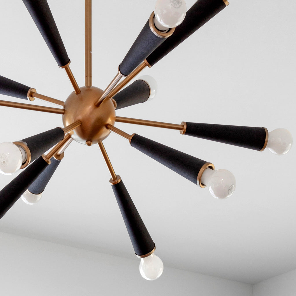 Modern Chandelier | Empire State 12 Light | Aged Brass, Polished Nickel | Alternate View