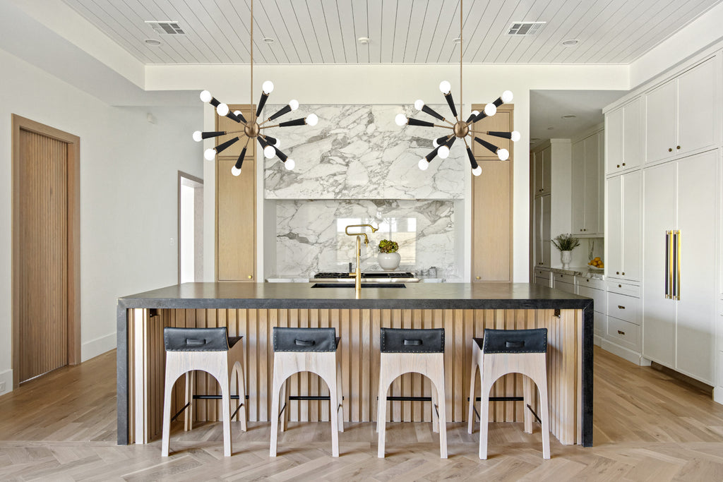 Modern Chandelier | Empire State 12 Light | Aged Brass, Polished Nickel | Lifestyle View