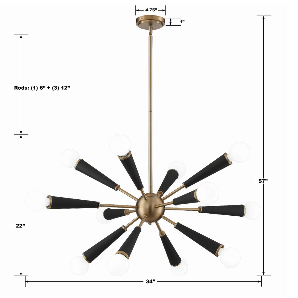 Modern Chandelier | Empire State 12 Light | Aged Brass, Polished Nickel | Item Dimensions