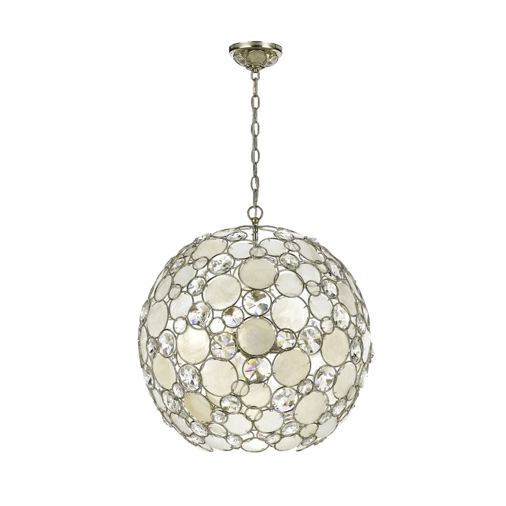 The Melrose and Madison lighting fixtures exude glamour and elegance with their organic blend of textures. Hand-pinned Capiz shells and faceted cut crystal jewels adorn each frame, nestled within metal circles that overlap for added depth and dimension.
