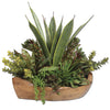 Dense And Lush Mix Of Succulent Plants Including Aloe, Jade, Bromeliad, String Of Pearls And Others In A Hand Carved, Natural Teak Bowl. - Alternate Image