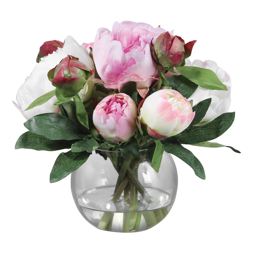 Peony Floral Arrangement in Clear Glass Vase