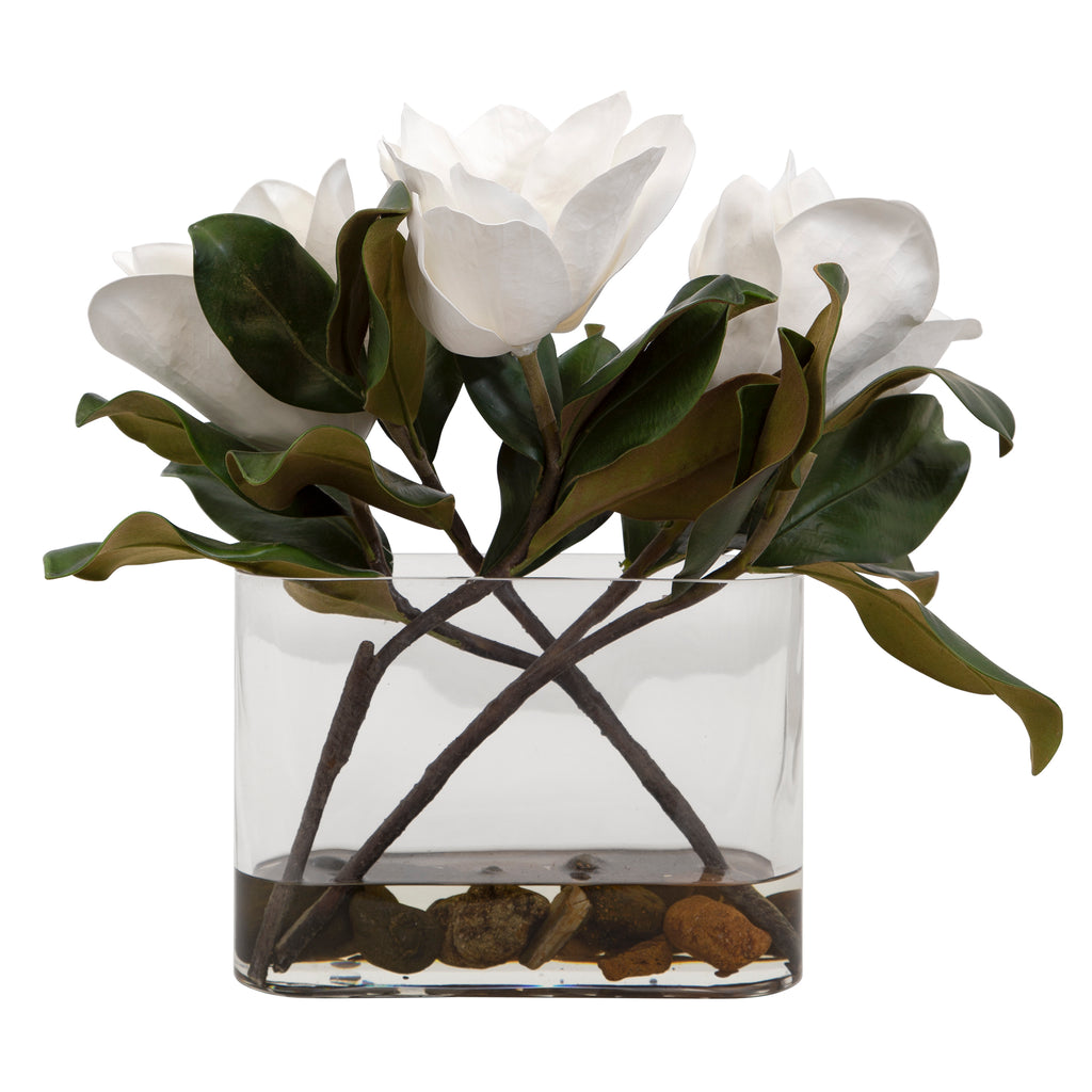 Chic Industrial Florals in Clear Glass Vase with White Magnolia Blooms
