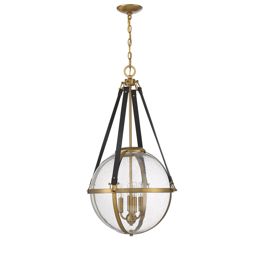 Warm Brass 4 Light Pendant with Seeded Glass Orb and Leather Straps | Alternate View