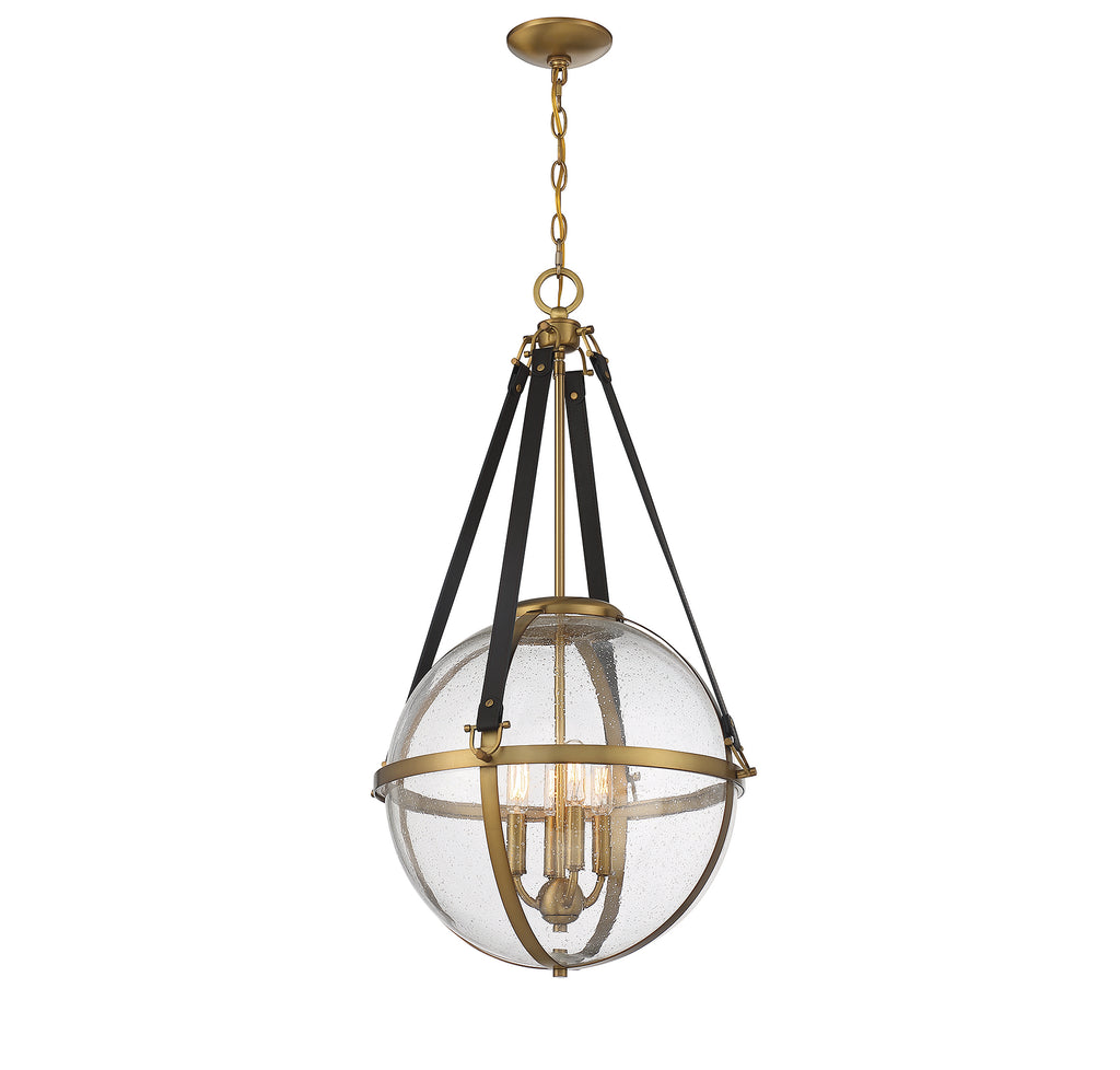 Warm Brass 4 Light Pendant with Seeded Glass Orb and Leather Straps | Alternate View