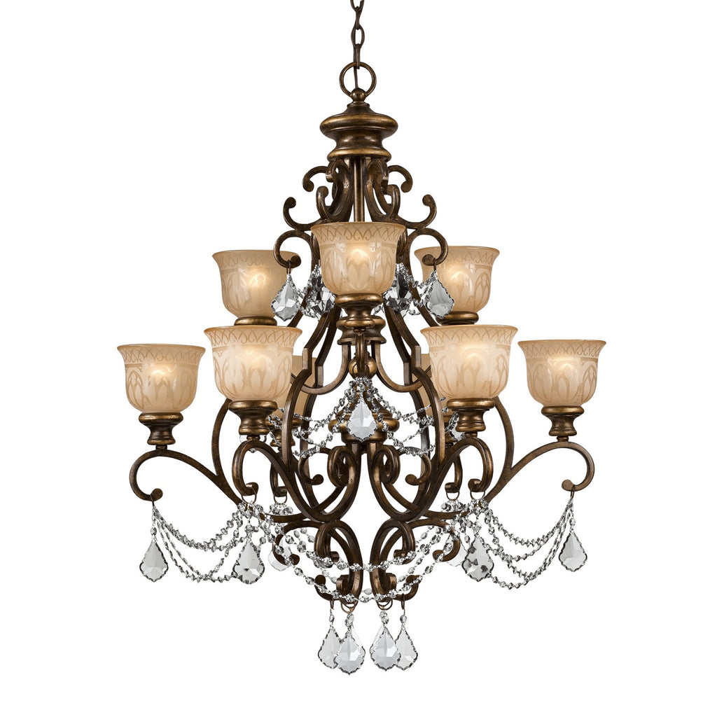 Elegant 9-Light Bronze Chandelier with Amber Glass Globes