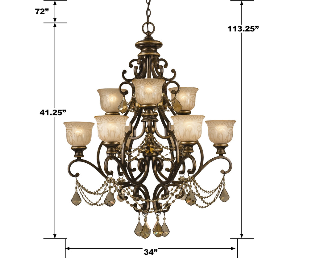 Elegant 9-Light Bronze Chandelier with Amber Glass Globes | Item Dimensions
