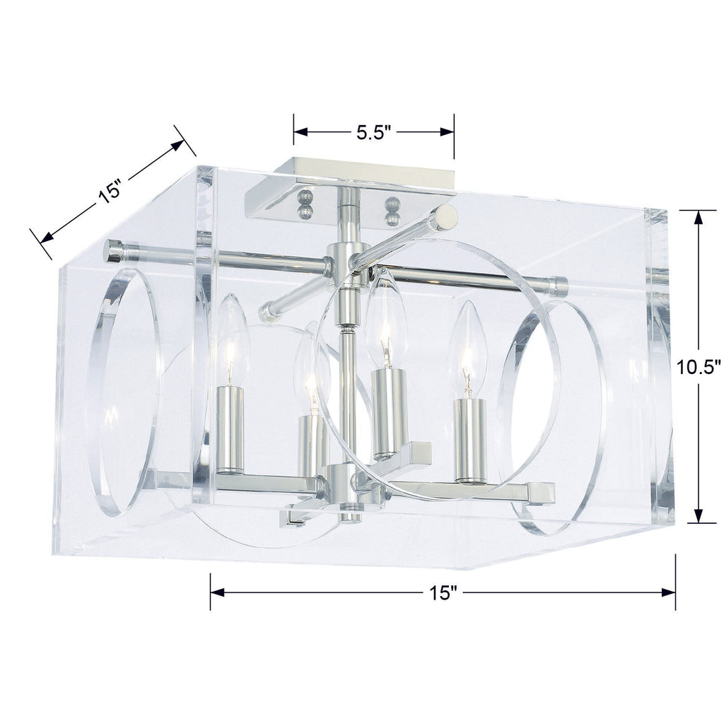Modern 4-Light Ceiling Mount in Polished Nickel with Lucite and Geometric Crossbars | Item Dimensions