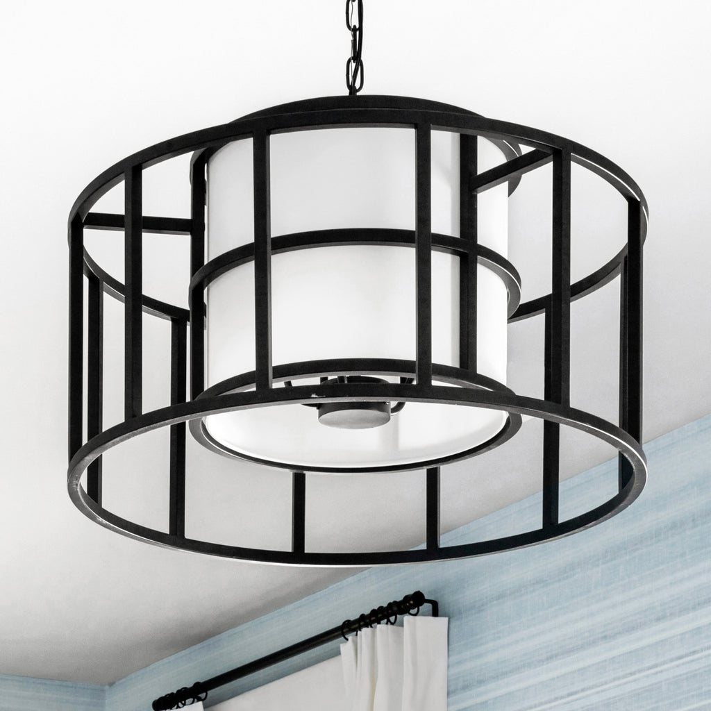 Contemporary Chandelier in White Silk Shade | Lifestyle View