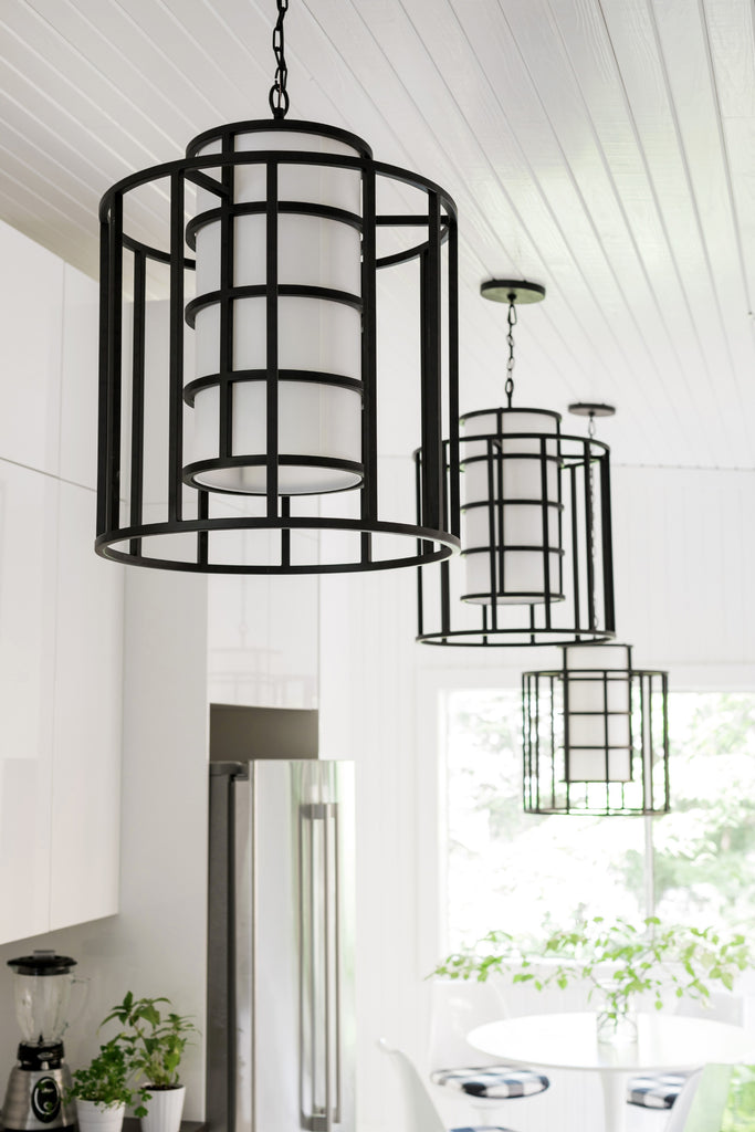 Contemporary Chandelier with Metal Drum Frame and White Silk Shade | Lifestyle View