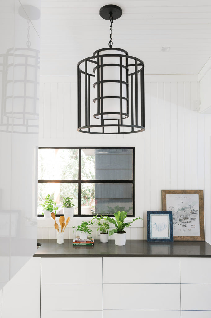 Contemporary Chandelier with Metal Drum Frame and White Silk Shade | Lifestyle View