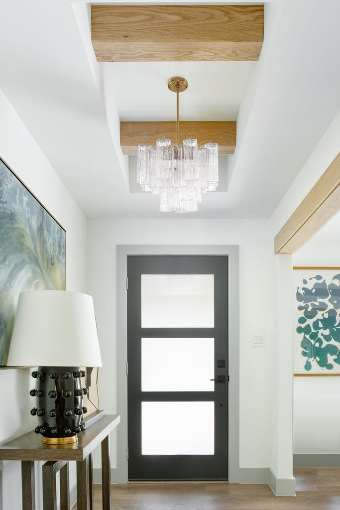 Empire State Modern Chandelier | Aged Brass & Polished Chrome | Tronchi Glass Design | Lifestyle View