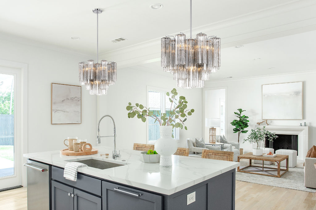 Empire State Modern Chandelier | Aged Brass & Polished Chrome | Tronchi Glass Design | Lifestyle View
