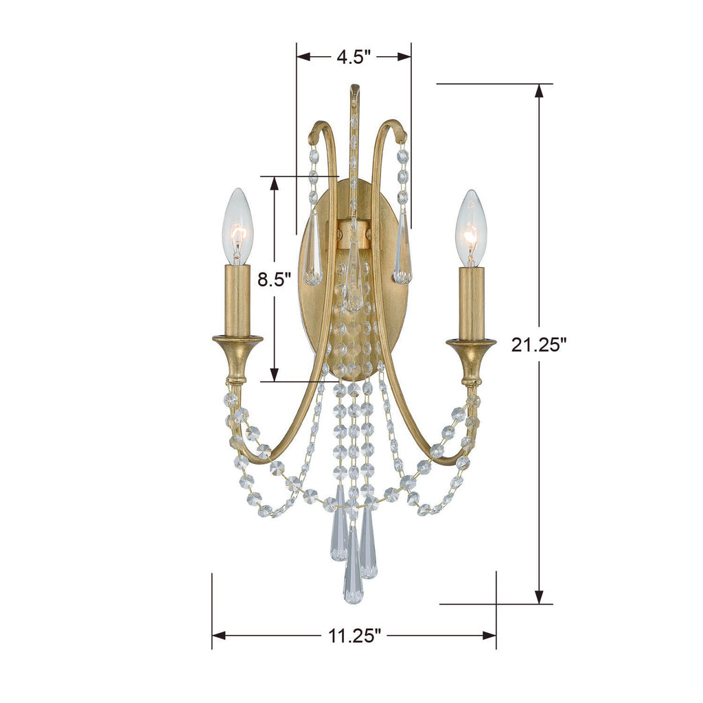 Hollywood Hills 2-Light Wall Mount in Antique Gold and Silver | Item Dimensions