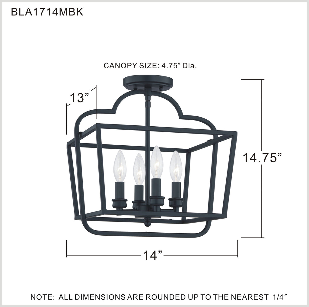 Hampton Retreat 4 Light Semi-Flush Mount in Matte Black | Item Dimensions