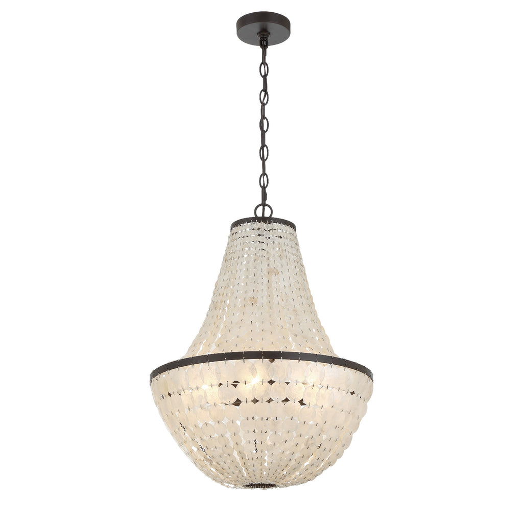 Melrose and Madison have created a beautiful blend of glamour and sophistication in their latest design. The hand-painted metal finish perfectly complements the organic, natural texture of Capiz shells, resulting in a radiant and elegant fixture.
