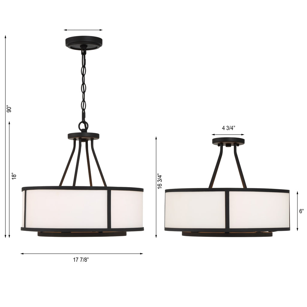 Contemporary Ceiling Light | Black Steel Frame | White Glass Shade | Item Dimensions
