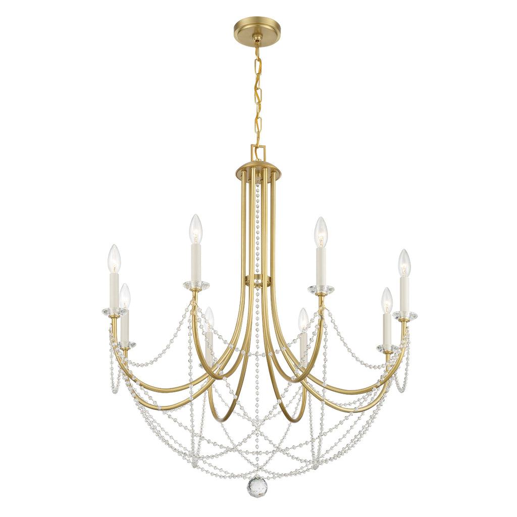 The Melrose and Madison chandelier exudes elegance and sophistication, making it the perfect addition to any interior space. Its sleek metal frame is adorned with cascading crystal beads, adding a touch of modern glamour.