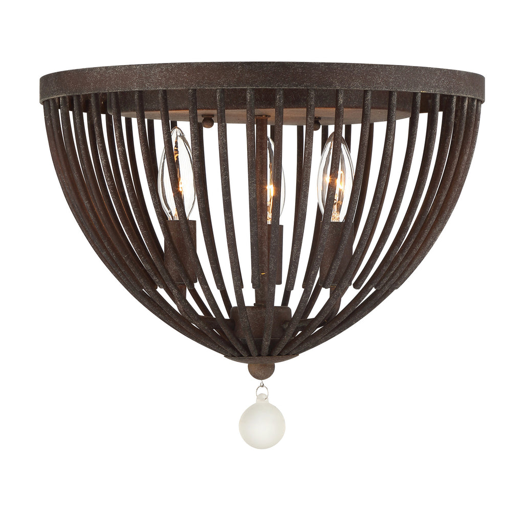 Forged Bronze Ceiling Mount Light Fixture with Caged Design and Frosted Glass Beads