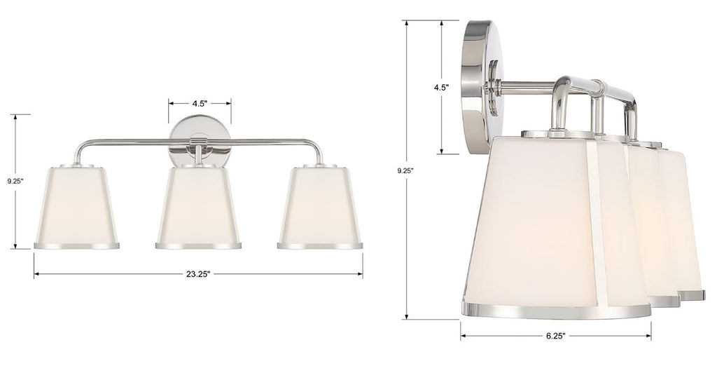 Modern Bathroom Vanity Light - Glass Shade, Metal Ring | Item Dimensions
